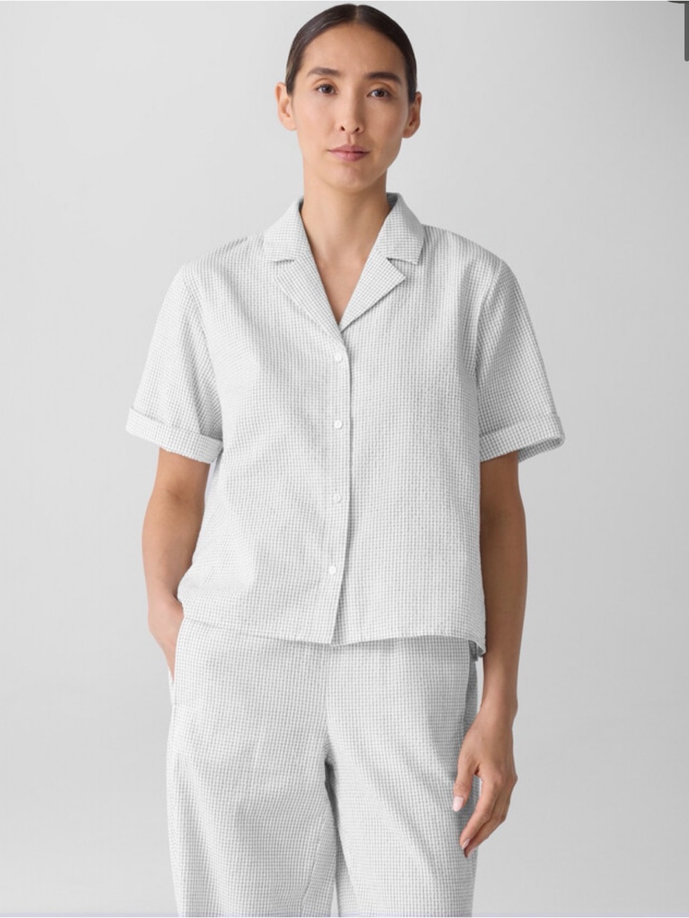 Eileen Fisher cotton Ripple Checkered Notch Collar White Short Sleeve Shirt Top